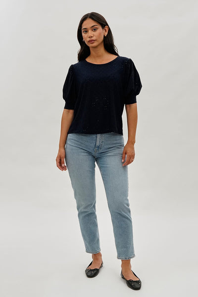 Beechers Brook Eyelet Detail Puff Sleeve Blouse - Navy - Womens Shirts & Blouses - Fairweather