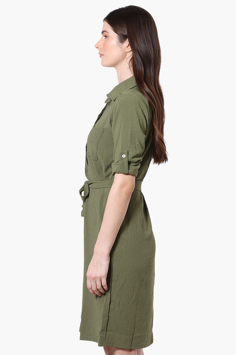 Vintage Belted Roll Up Sleeve Day Dress - Olive Vintage Belted Roll Up Sleeve Day Dress - Olive