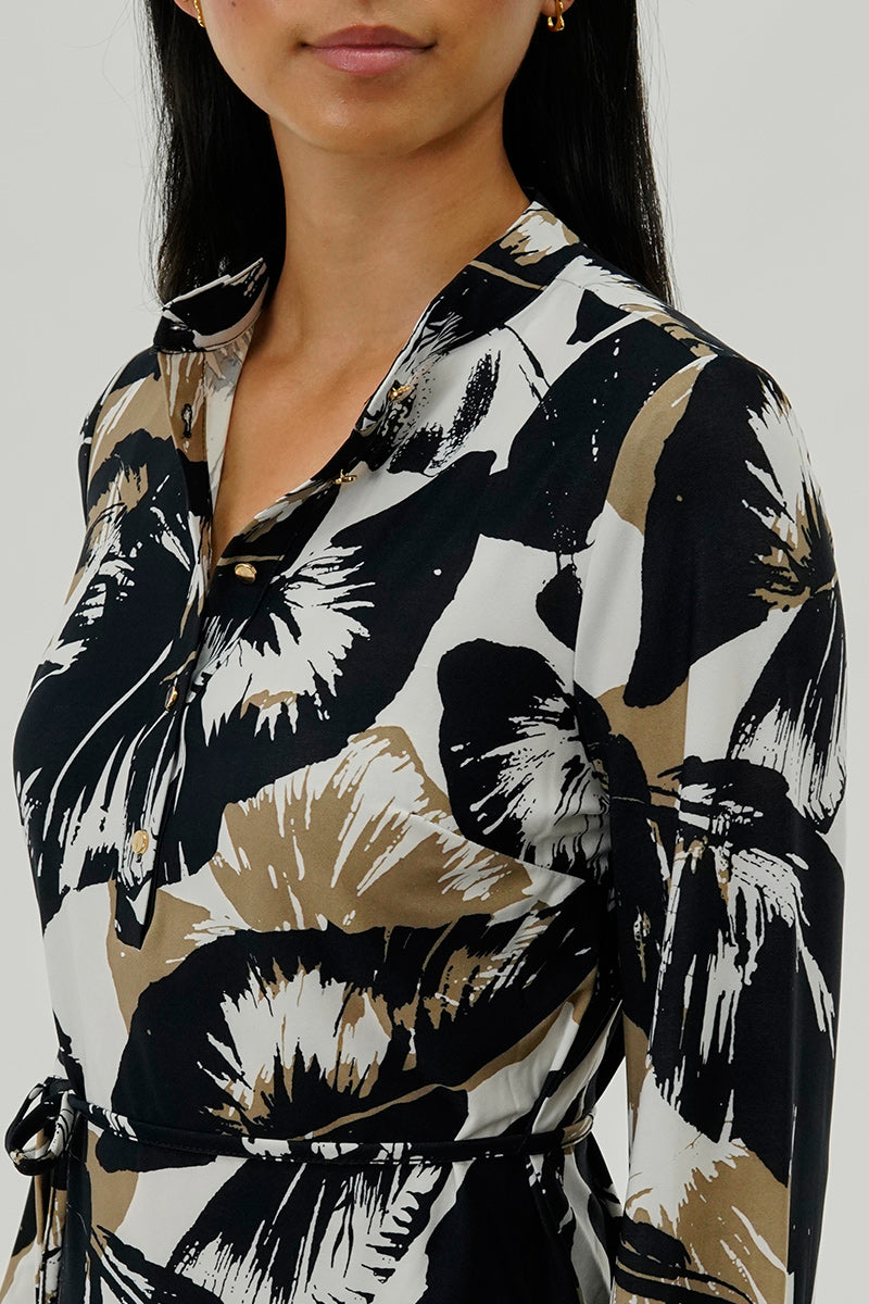International INC Company Leaf Print Long Sleeve Day Dress - Black - Womens Day Dresses - Fairweather
