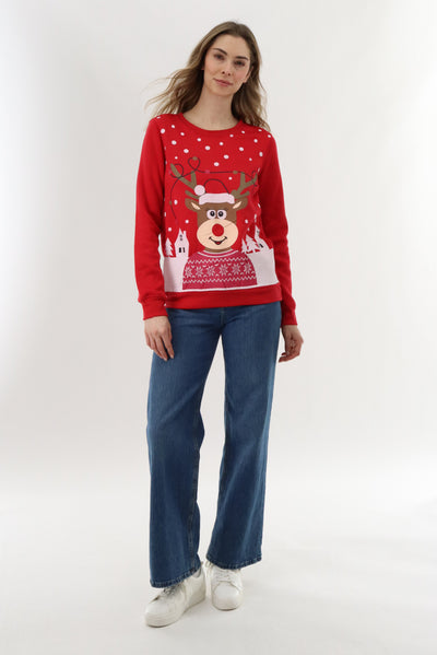 Festive Reindeer Christmas Sweater - Red - Womens Christmas Sweaters - Fairweather