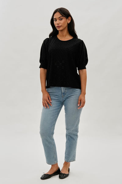 Beechers Brook Eyelet Detail Puff Sleeve Blouse - Black - Womens Shirts & Blouses - Fairweather