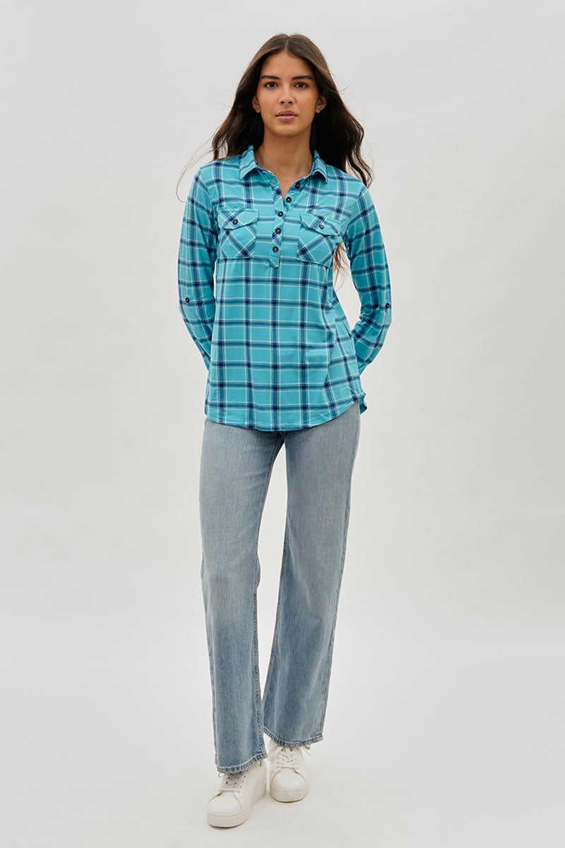 Urbanology Plaid Button Down Shirt - Blue - Womens Shirts & Blouses - Fairweather