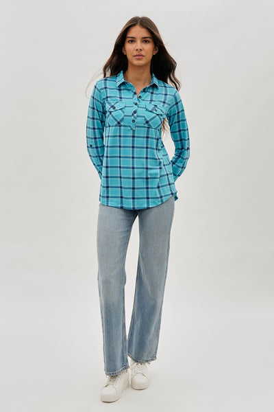 Urbanology Plaid Button Down Shirt - Blue - Womens Shirts & Blouses - Fairweather