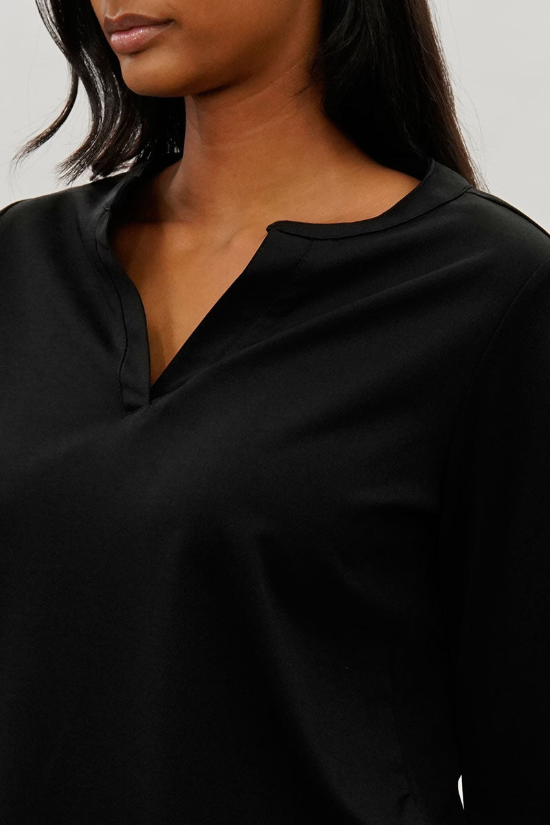 Costa Blanca Split Neck Roll Up Sleeve Blouse - Black - Womens Shirts & Blouses - Fairweather