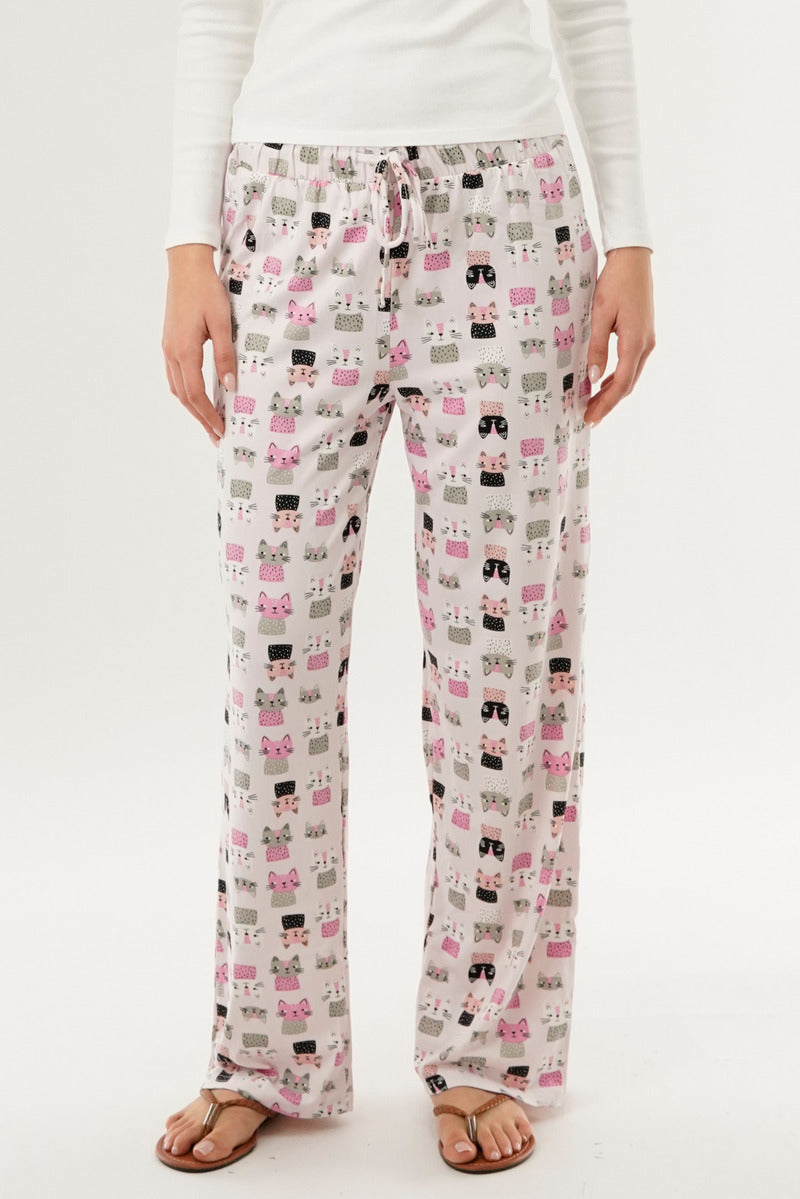 Canada Weather Gear Cat Print Wide Let Pajama Pants - Blush - Womens Pajamas - Fairweather
