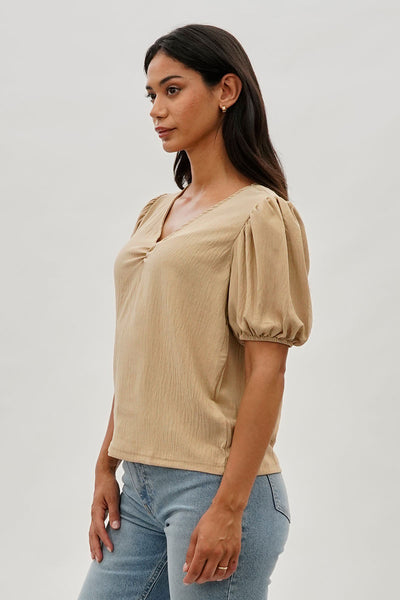 Stylexchange Vintage Puff Sleeve V-Neck Blouse - Beige - Womens Shirts & Blouses - Fairweather