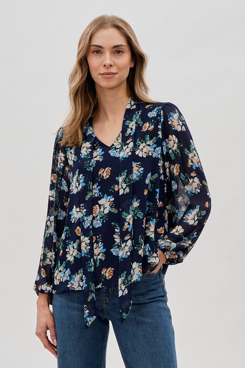Beechers Brook Floral Tie-Neck Chiffon Blouse - Navy - Womens Shirts & Blouses - Fairweather