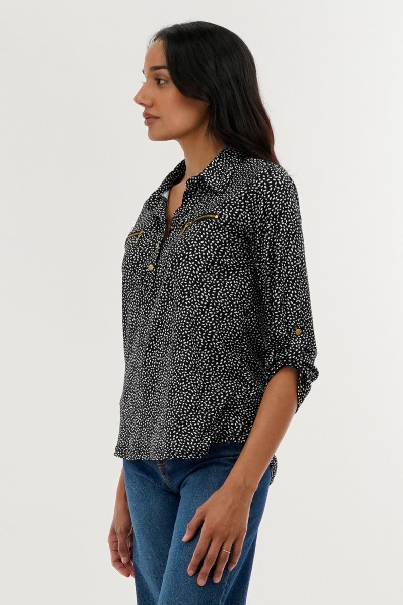 International INC Company Patterned Roll Up Sleeve Blouse - Black - Womens Shirts & Blouses - Fairweather