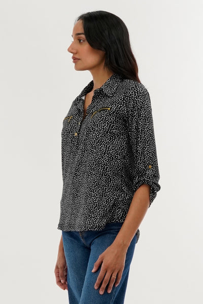 International INC Company Patterned Roll Up Sleeve Blouse - Black - Womens Shirts & Blouses - Fairweather