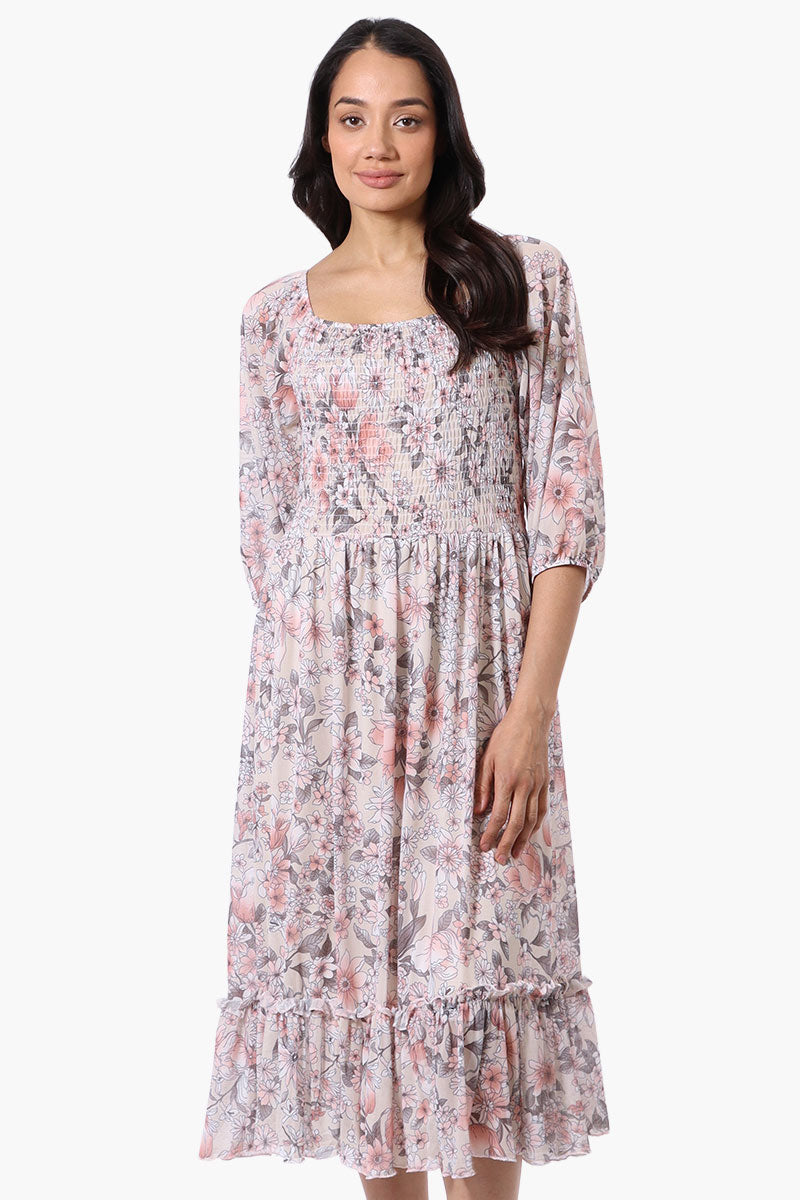 Costa Blanca Floral Tiered Sheer Sleeve Midi Dress - Cream - Womens Midi Dresses - Fairweather