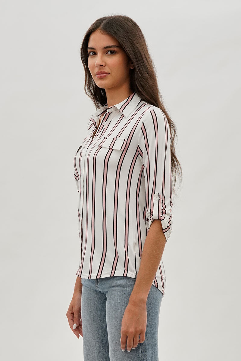Majora Striped Collared Blouse - White - Womens Shirts & Blouses - Fairweather
