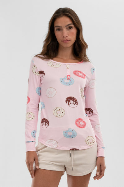 Canada Weather Gear Doughnut Print Henley Pajama Top - Pink - Womens Pajamas - Fairweather