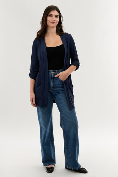 International INC Company Roll Up Sleeve Wrap Cardigan - Navy