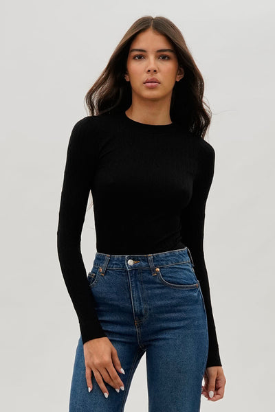 International INC Company Ribbed Crewneck Long Sleeve Top - Black - Womens Long Sleeve Tops - Fairweather