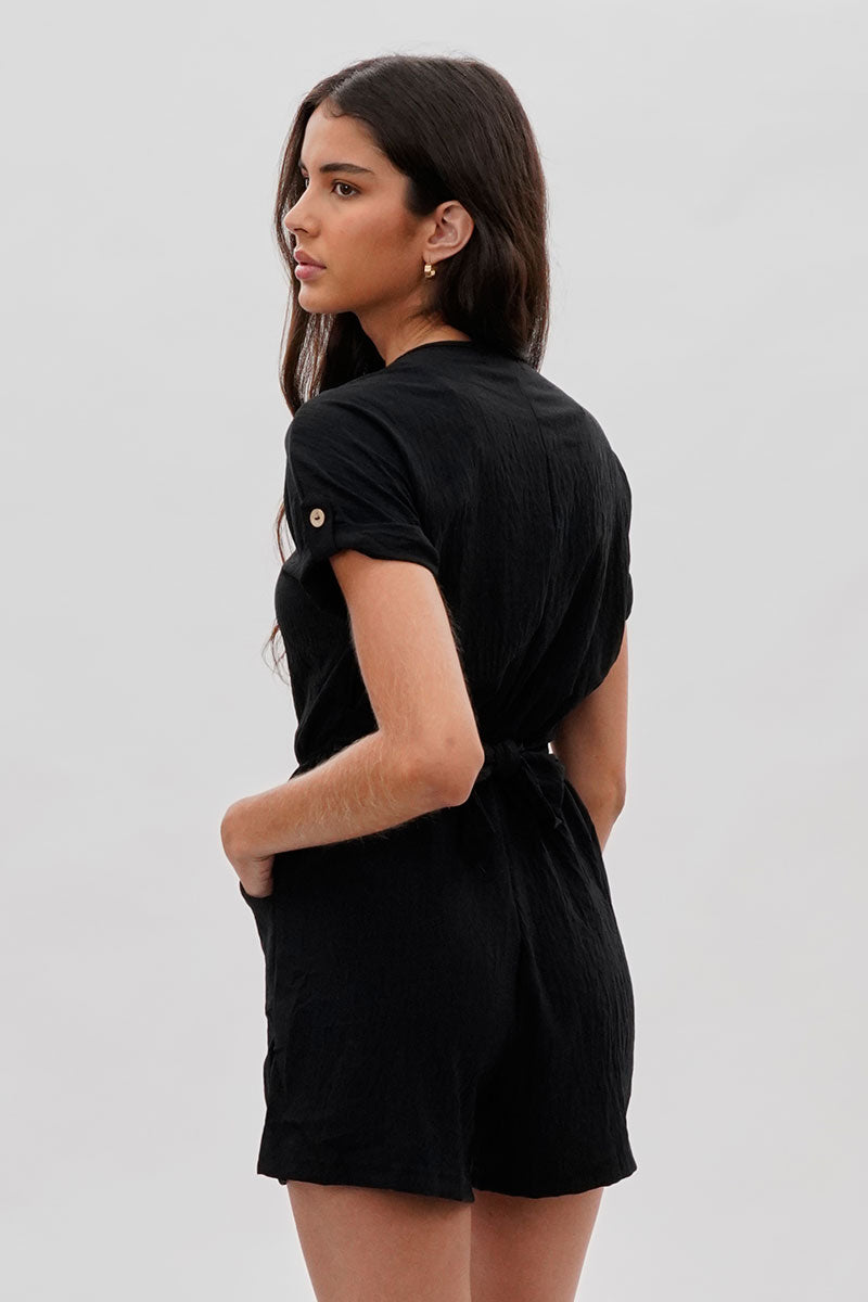 Stylexchange Vintage Back Tie Button Up Romper - Black - Womens Jumpsuits & Rompers - Fairweather