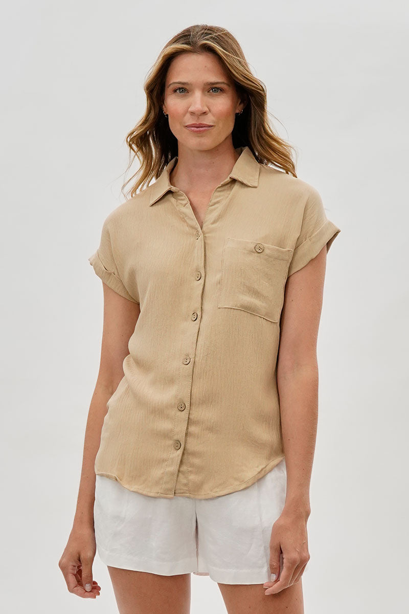Sylexchange Vintage Short Sleeve Button Down Shirt - Beige - Womens Shirts & Blouses - Fairweather