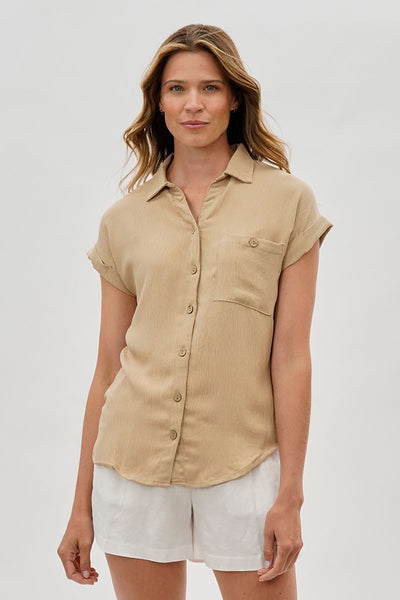 Sylexchange Vintage Short Sleeve Button Down Shirt - Beige - Womens Shirts & Blouses - Fairweather