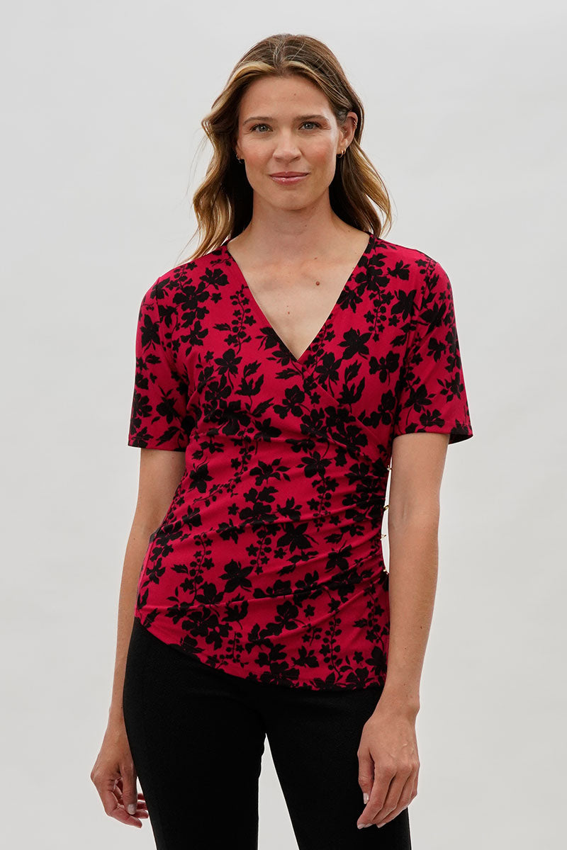Beechers Brook Floral V-Neck Blouse - Red - Womens Shirts & Blouses - Fairweather