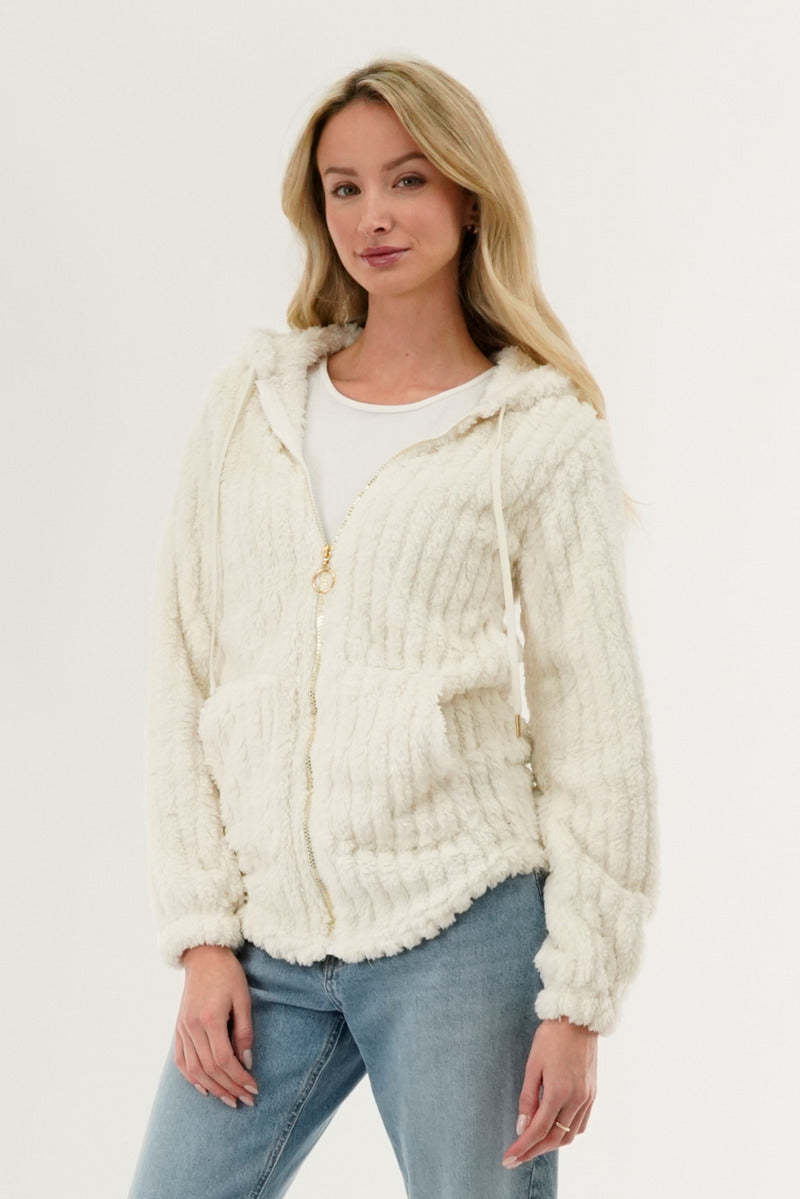 Fahrenheit Plush Hooded Zip Up Lightweight Jacket - White