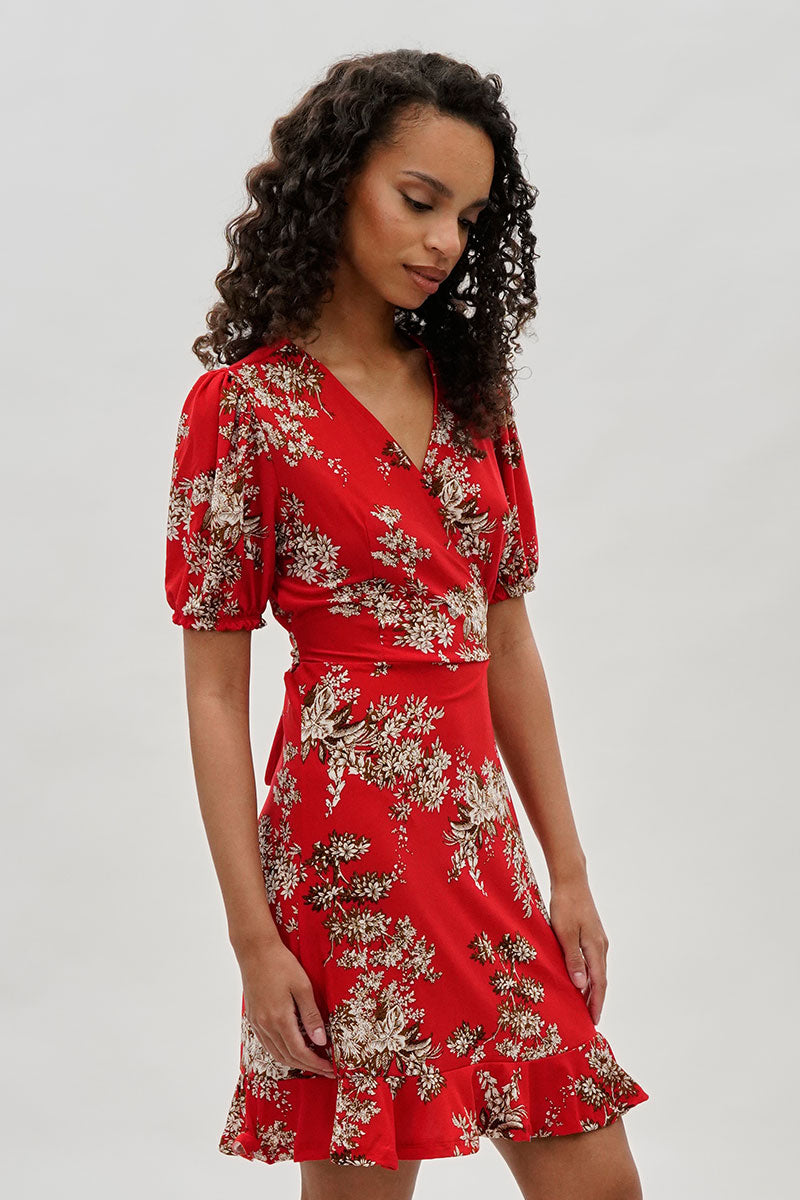 Floral Crossover Day Dress - Coral