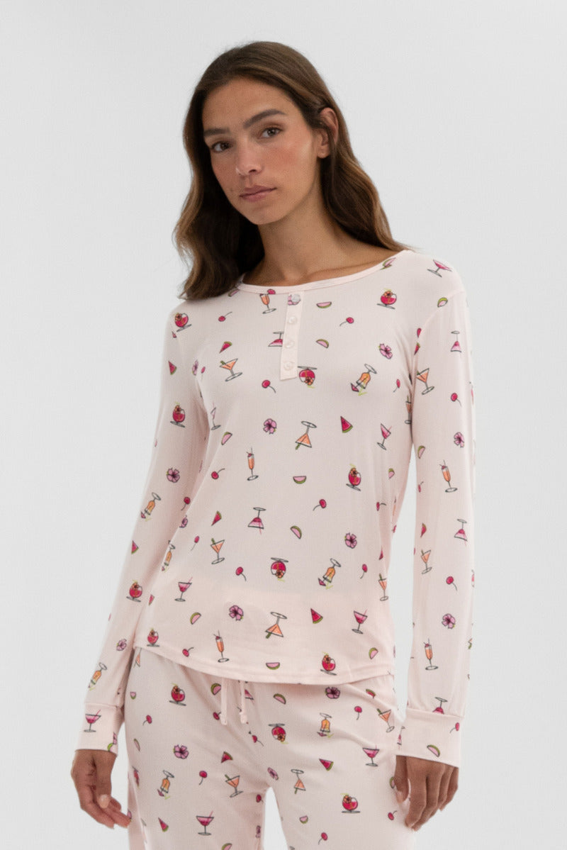 Canada Weather Gear Drink Print Henley Pajama Top - Blush - Womens Pajamas - Fairweather