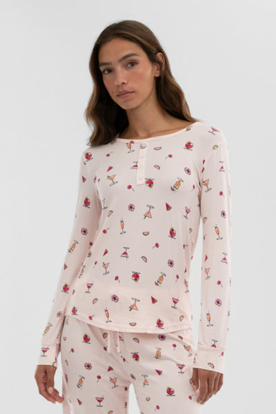 Canada Weather Gear Drink Print Henley Pajama Top - Blush - Womens Pajamas - Fairweather