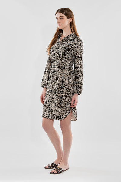 Beechers Brook Floral Tie Waist Long Sleeve Day Dress - Black