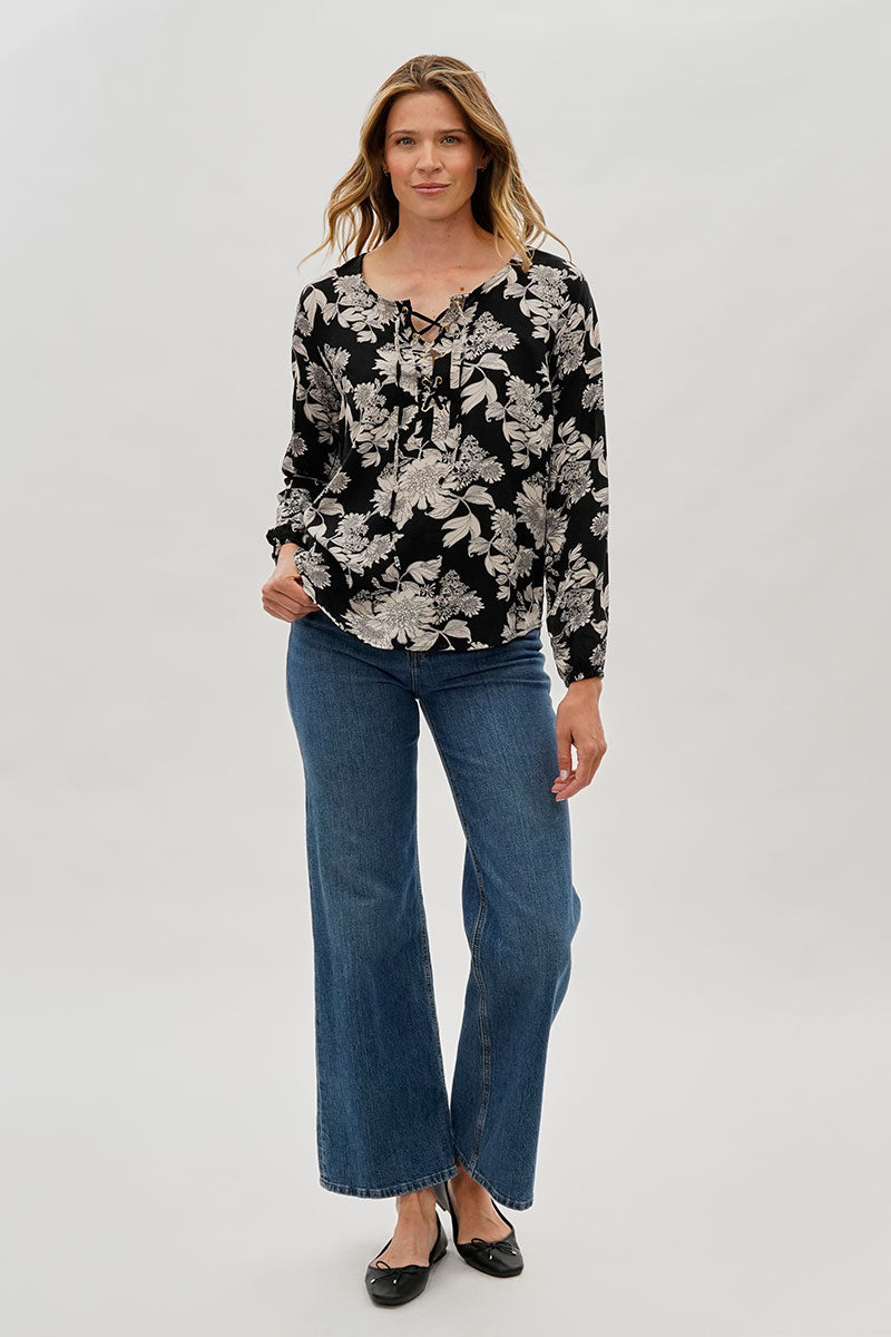 Beechers Brook Floral Lace Up Blouse - Black - Womens Shirts & Blouses - Fairweather