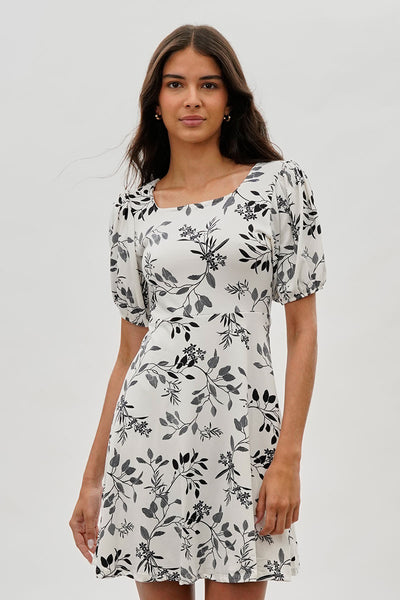 Costa Blanca Leaf Print Square Neck Day Dress - White - Womens Day Dresses - Fairweather