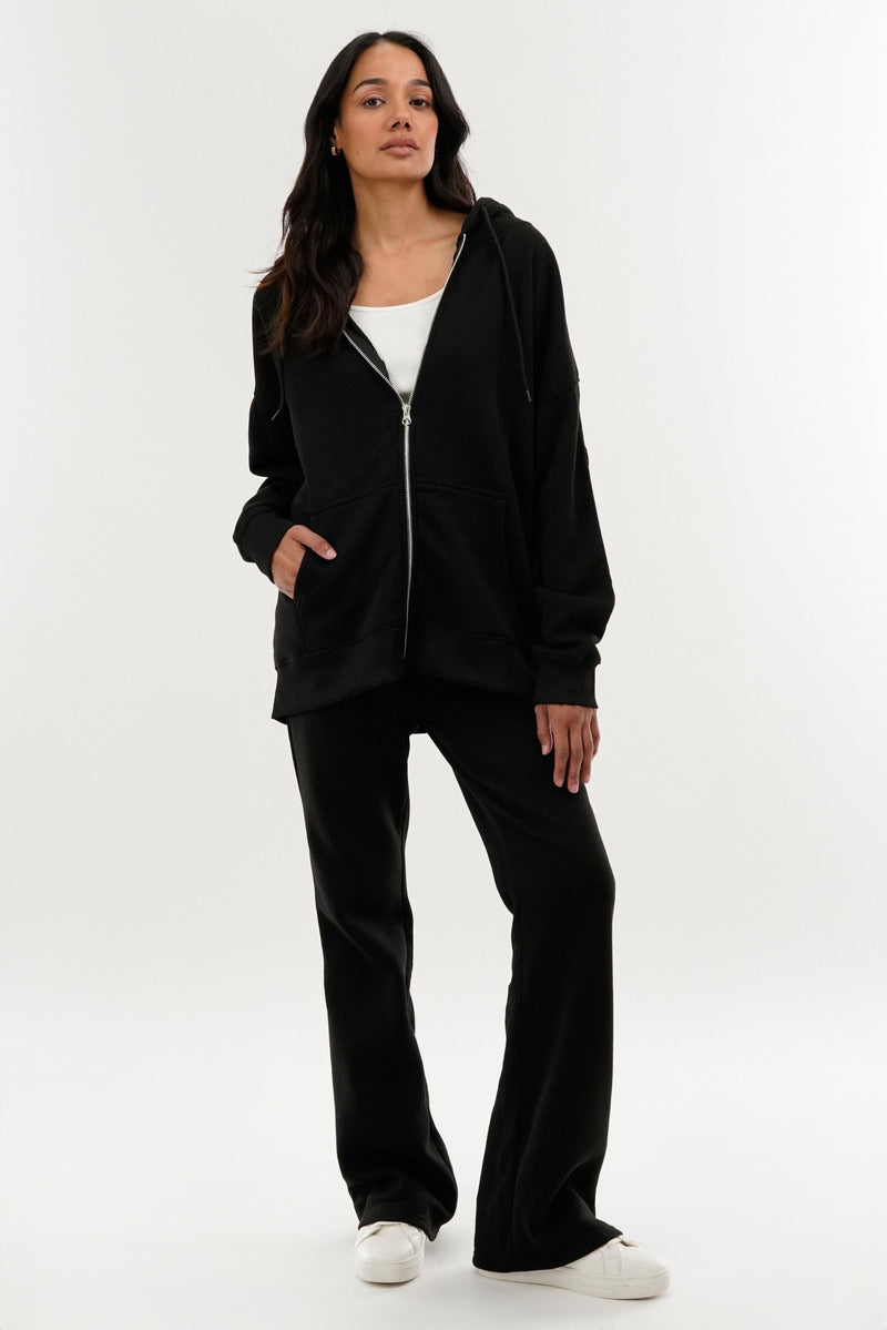 Zip Up Drop Shoulder Hoodie - Black