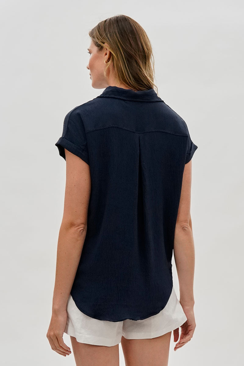 Sylexchange Vintage Short Sleeve Button Down Shirt - Navy - Womens Shirts & Blouses - Fairweather