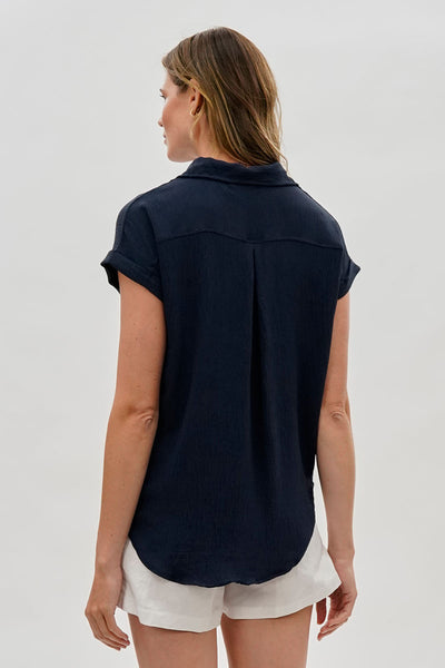 Sylexchange Vintage Short Sleeve Button Down Shirt - Navy - Womens Shirts & Blouses - Fairweather
