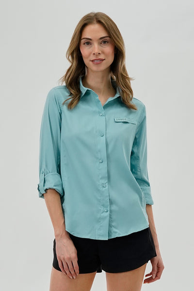 Canada Weather Gear Button Up Collared Shirt - Aqua - Womens Shirts & Blouses - Fairweather