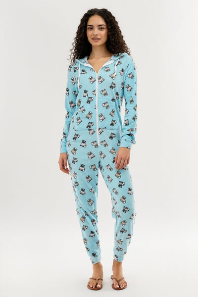 Canada Weather Gear Pug Print Fleece Onesie - Aqua - Womens Onesies - Fairweather