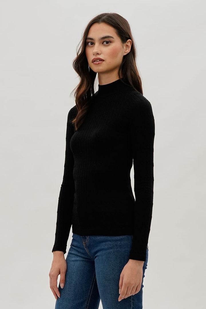 Ribbed Mock Neck Long Sleeve Top - Black