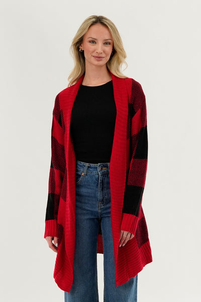 Canada Weather Gear Plaid Fold Over Wrap Cardigan - Red - Womens Cardigans - Fairweather