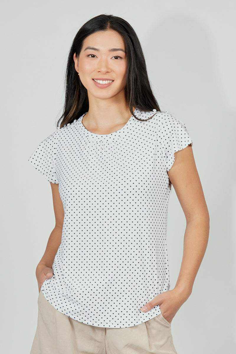 International INC Company Polka Dot Short Sleeve Cinched Collar Blouse - White - Womens Shirts & Blouses - Fairweather