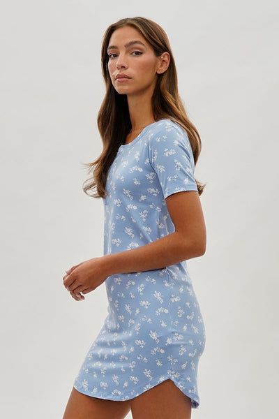 Runaway Bay Floral Short Sleeve Henley Day Dress - Blue - Womens Day Dresses - Fairweather