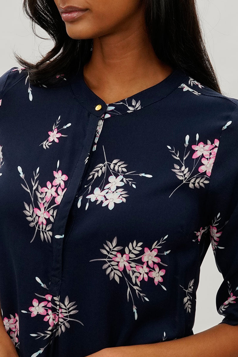 International INC Company Floral Roll Up Sleeve Blouse - Navy - Womens Shirts & Blouses - Fairweather