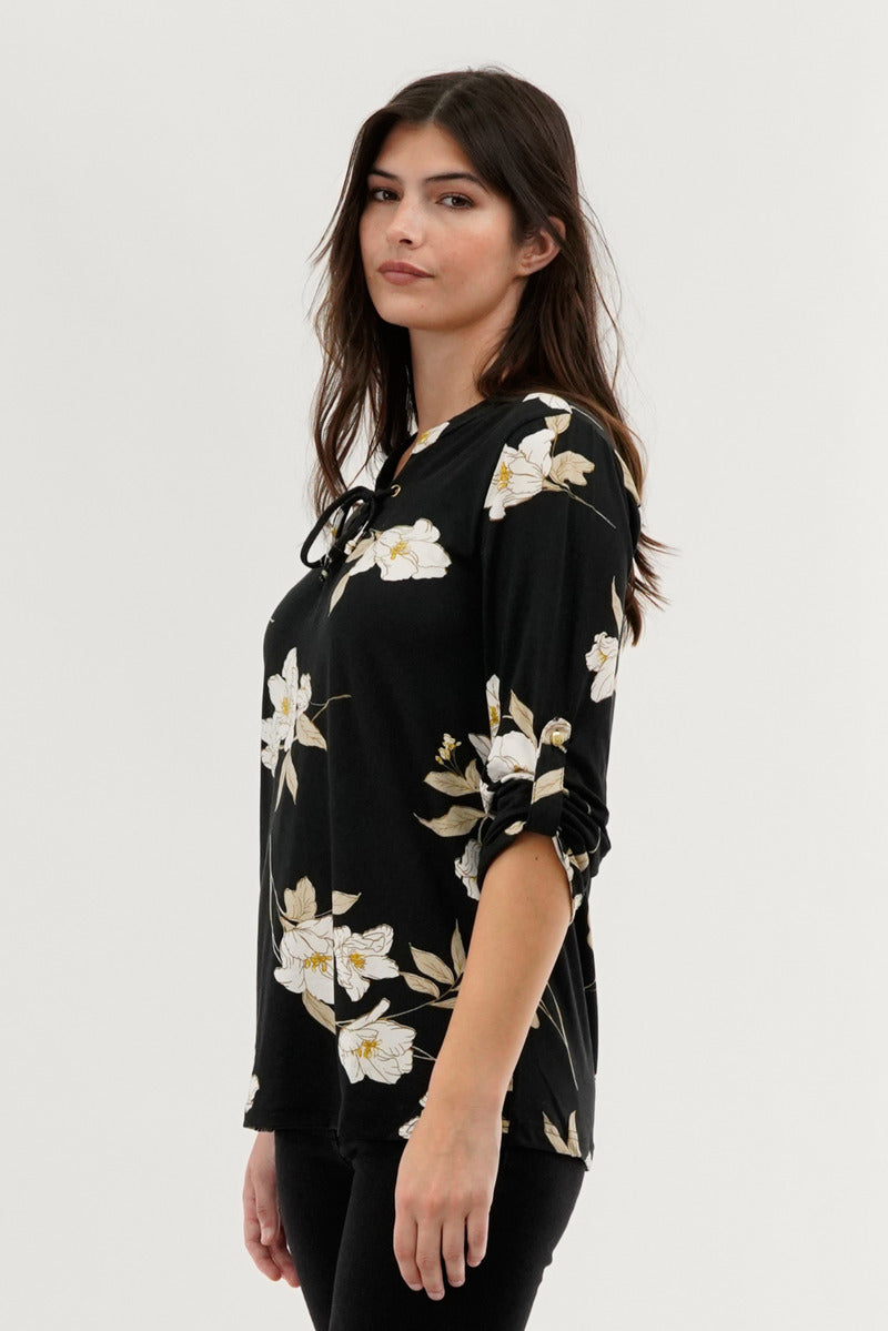 Majora Floral Lace Up Blouse - Black - Womens Shirts & Blouses - Fairweather