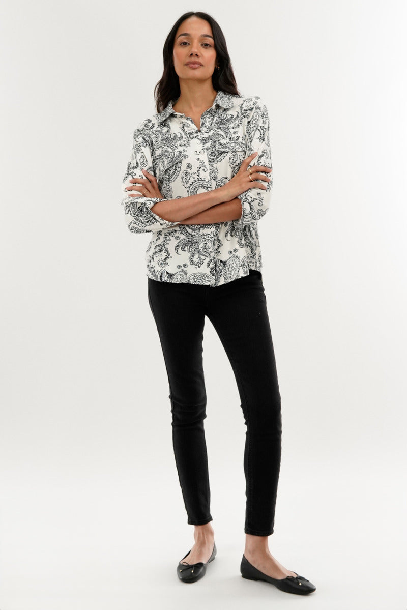 International INC Company Paisley Print Button Down Shirt - White - Womens Shirts & Blouses - Fairweather