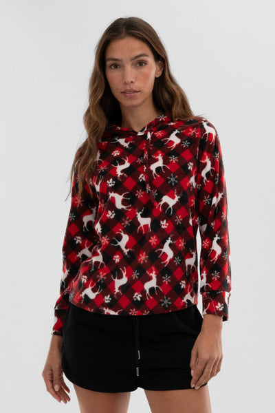 Canada Weather Gear Festive Print Hooded Pajama Top - Red - Womens Pajamas - Fairweather