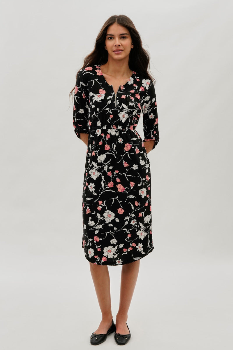 International INC Company Floral Front Zip Midi Dress - Black - Womens Midi Dresses - Fairweather