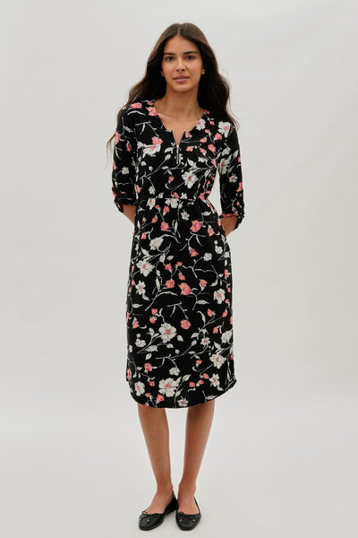 International INC Company Floral Front Zip Midi Dress - Black - Womens Midi Dresses - Fairweather