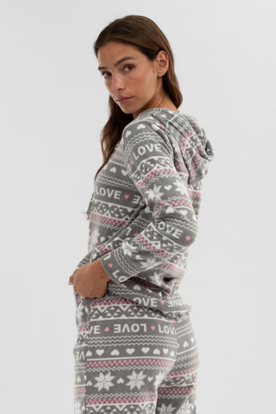 Canada Weather Gear Festive Print Hooded Pajama Top - Grey - Womens Pajamas - Fairweather