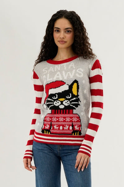 Festive Santa Claws Christmas Sweater - Red - Womens Christmas Sweaters - Fairweather