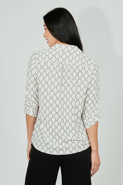 Beechers Brook Patterned Button Down Roll Up Sleeve Blouse - White - Womens Shirts & Blouses - Fairweather