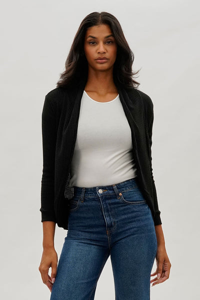 Fahrenheit Waffle Knit 3/4 Sleeve Cardigan - Black - Womens Cardigans - Fairweather