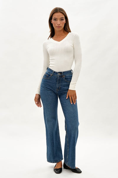 International INC Company Ribbed V-Neck Long Sleeve Top - White - Womens Long Sleeve Tops - Fairweather