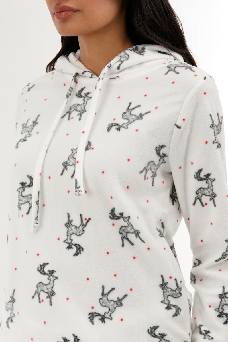 Canada Weather Gear Reindeer Print Hooded Pajama Top - White - Womens Pajamas - Fairweather